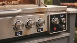 Easy-to-use temperature control dials and adjustable airflow vents on a high-performance outdoor combination pizza oven.