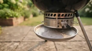 Minimal grey ash left in the bottom tray of a barbecue after burning clean coconut shell briquettes.