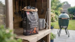 Durable paper bag packaging of restaurant-grade charcoal for BBQ stored ready for the British barbecue season.