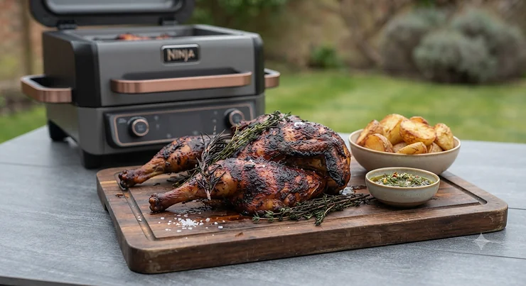 A quiet white bedside fan sitting on a modern wooden nightstand in a British bedroom, showcasing affordable cooling options under £40. Ninja Woodfire oven review