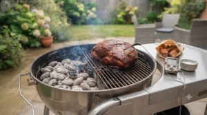 Smokey barbecue setup using briquettes for low and slow cooking.
