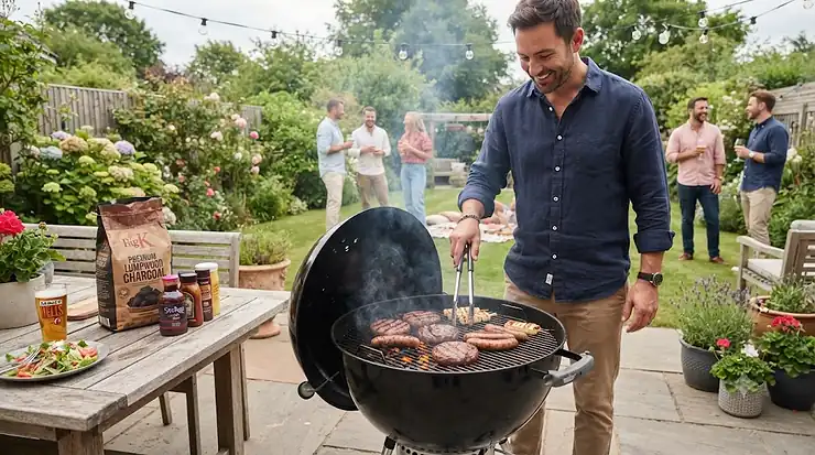 Selection of the best charcoal briquettes burning brightly in a British garden barbecue, ready for grilling. best charcoal briquettes