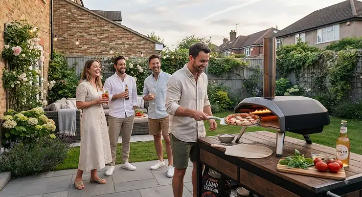 A premium charcoal pizza oven set up in a modern British garden patio, ready for outdoor cooking. charcoal pizza oven