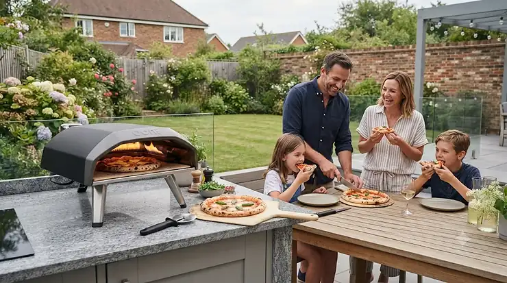 A sleek portable countertop pizza oven set up in a British back garden patio, ready for cooking. countertop pizza ovens under £200