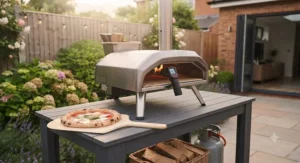 Bright orange flames licking the dome interior of a preheated dual fuel pizza oven ready for baking.