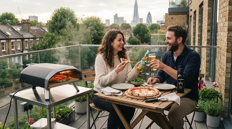 A compact electric pizza oven on a modern British flat balcony, baking a fresh artisanal pizza. electric pizza oven for flats