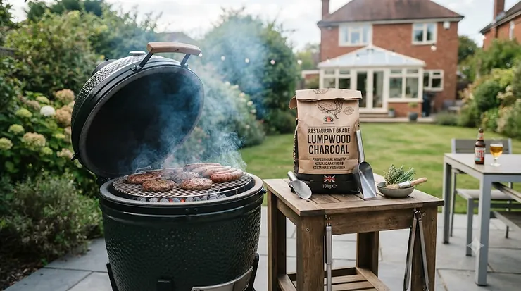 A bag of premium restaurant-grade lumpwood charcoal opened next to a classic kettle barbecue in a British garden, ready for a weekend grill. best lumpwood charcoal