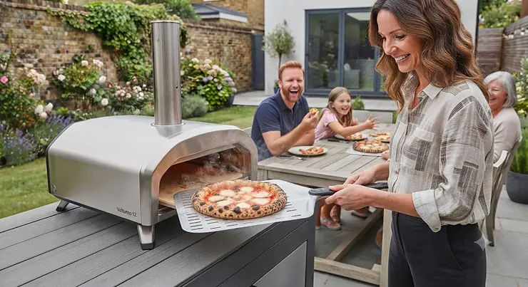 Close-up of the digital control panel on a sleek outdoor electric pizza oven showing temperature settings. outdoor electric pizza oven