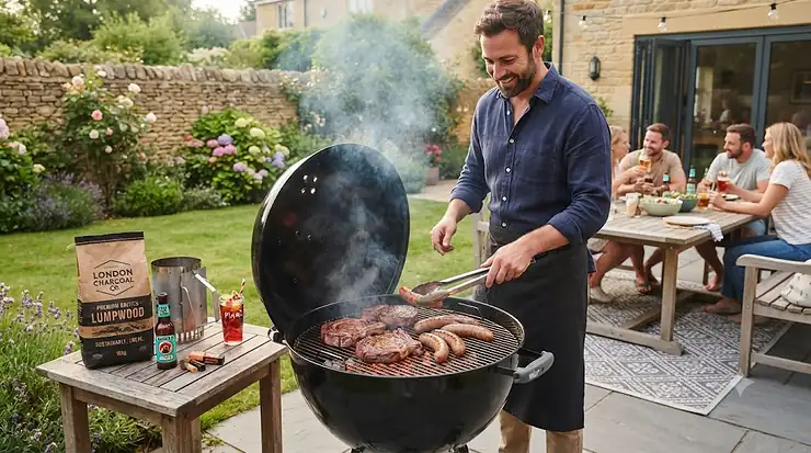 Premium British charcoal burning hot in a BBQ grill, perfect for eco-friendly outdoor cooking. British charcoal for BBQ
