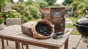 Large paper sacks of bulk charcoal briquettes stacked neatly, offering great value for money for garden parties.