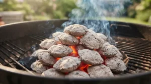 Close-up of long-lasting charcoal briquettes glowing with ash, demonstrating extended burn time for British summer barbecues.