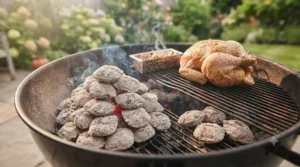 Two-zone arrangement of charcoal briquettes inside a barbecue for slow-cooking a traditional British roast outdoors.