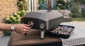 Built-in temperature gauge on a charcoal pizza oven showing optimal cooking heat.
