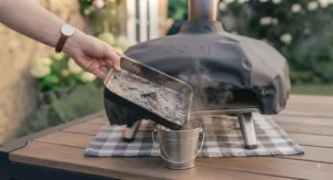 A weatherproof protective cover fitted over a charcoal pizza oven in a British backyard.