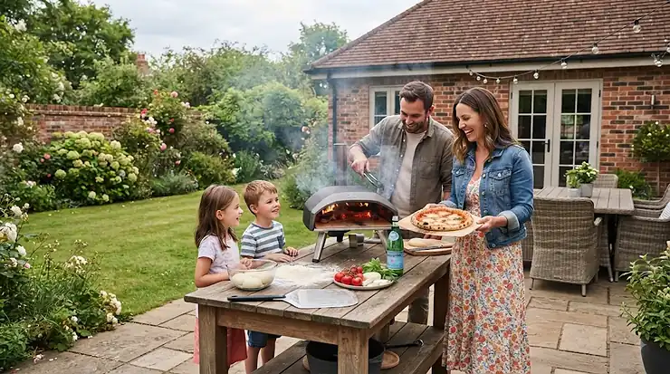 A portable charcoal pizza oven set up in a British garden, glowing with heat as a freshly baked pizza cooks inside, ideal for budget-friendly outdoor dining. charcoal pizza ovens under £150