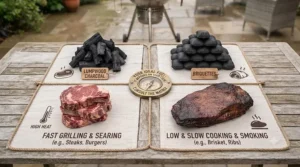 Summary guide helping UK shoppers choose between lumpwood charcoal and briquettes for their barbecue.