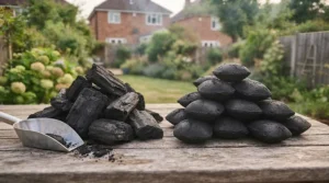 Side-by-side comparison of regular lumpwood charcoal and uniform coconut shell briquettes on a wooden prep table.