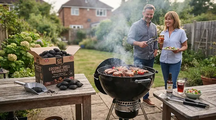 A box of premium coconut shell briquettes next to a glowing grill, ideal for sustainable garden barbecuing in the UK. coconut shell briquettes