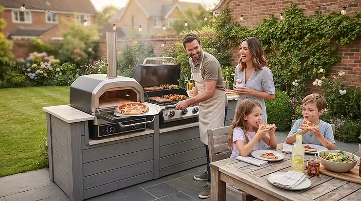 Modern garden outdoor kitchen featuring a dual-fuel combination pizza oven and BBQ grill set on a patio. combination pizza oven BBQ