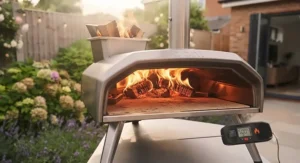 Freshly prepared artisanal pizza baking on a cordierite stone inside a portable dual fuel pizza oven.