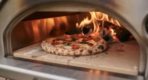 Cooking a fresh Neapolitan-style pizza on a hot stone fired by hardwood lumpwood charcoal.