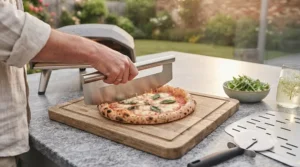 A modern pizza oven placed neatly on an outdoor wooden dining table during a summer evening.