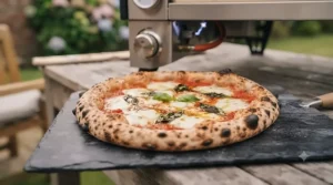 Freshly baked homemade pizza with melted cheese and crispy crust cooked on a cordierite stone.