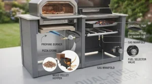 Diagram illustrating the dual-fuel capability of a combination pizza oven and BBQ for wood-fired and gas grilling.