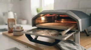 A removable crumb tray being cleaned from a compact electric pizza oven designed for flats.