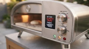 Digital control panel on an electric pizza oven showing high-temperature settings for authentic pizza baking