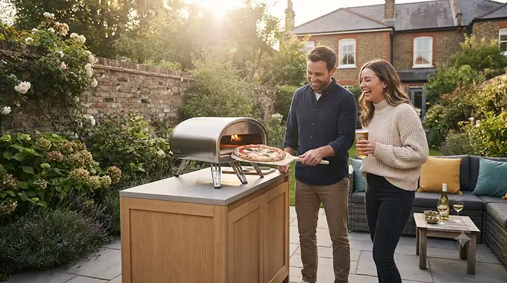 Portable electric pizza oven cooking a fresh Margherita pizza on an outdoor garden patio in the UK electric pizza oven