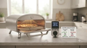 Infographic comparing energy efficiency and running costs of a countertop electric pizza oven