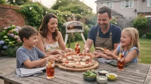 Family gathered around a garden table in the UK enjoying freshly baked homemade pizza cooked outdoors.