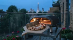 A freshly baked Neapolitan-style pizza being sliced next to a high-speed electric pizza oven.
