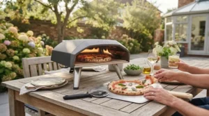 Side-by-side setup demonstrating different fuel options for home countertop pizza cooking.