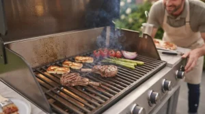 Succulent meats being grilled on the BBQ section of a versatile combination pizza oven and grill station.
