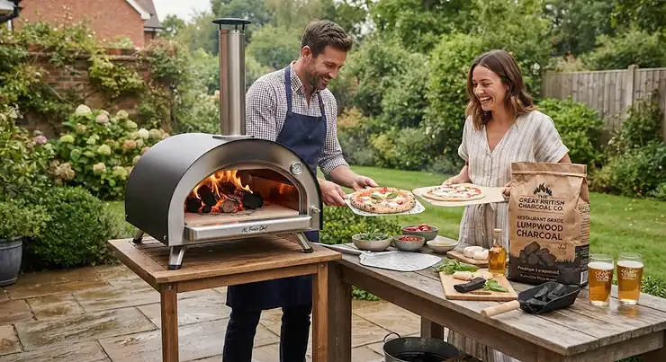 Premium hardwood lumpwood charcoal glowing hot inside a garden pizza oven for authentic wood-fired cooking. hardwood lumpwood charcoal for pizza oven