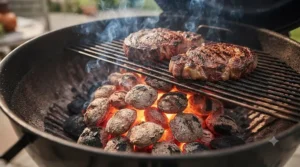 Intense glowing heat from premium charcoal briquettes inside a kettle barbecue searing thick cuts of meat.