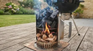 Using a metal chimney starter to easily light British charcoal without chemical lighter fluid.