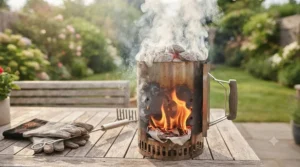A metal chimney starter filled with charcoal briquettes smoking steadily over a patio fire pit.