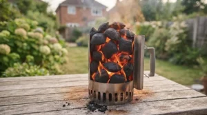 A chimney starter filled with glowing coconut shell briquettes being heated for a British garden barbecue.