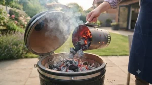 Using a chimney starter to easily light large lumpwood charcoal without chemical firelighters.