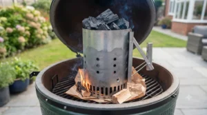 Chimney starter filled with restaurant-grade charcoal for BBQ lighting up quickly for British summer cooking.