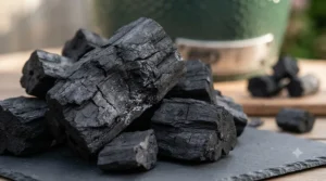 Close-up of large chunks of premium restaurant-grade charcoal for BBQ showing dense texture and quality structure.
