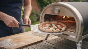 Sliding a freshly topped Margherita pizza from a metal peel into a hot portable charcoal pizza oven.