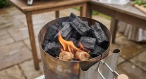 Natural firelighters and hardwood lumpwood charcoal being lit inside a pizza oven chimney starter.