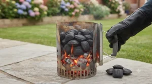 Weber briquettes lighting inside a metal chimney starter before a weekend barbecue cookout.
