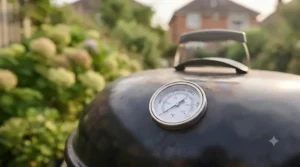 Temperature gauge on a charcoal kettle barbecue reaching high heat powered by eco coconut shell briquettes.