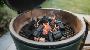 Close-up of high-grade lumpwood charcoal burning brightly with steady flames inside a garden barbecue.