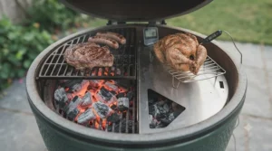 Lumpwood charcoal arranged for two-zone cooking inside a ceramic kamado barbecue for roasting and searing.
